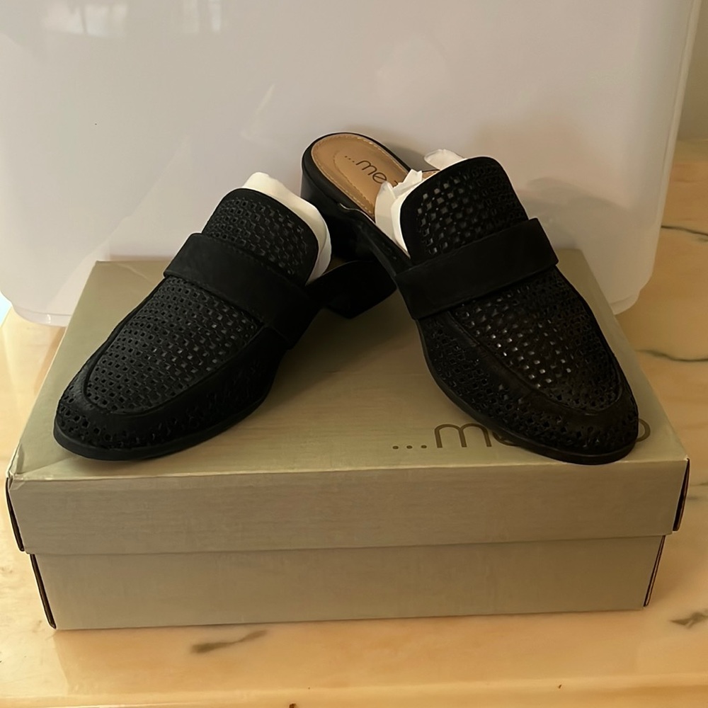 Black perforated me too mules